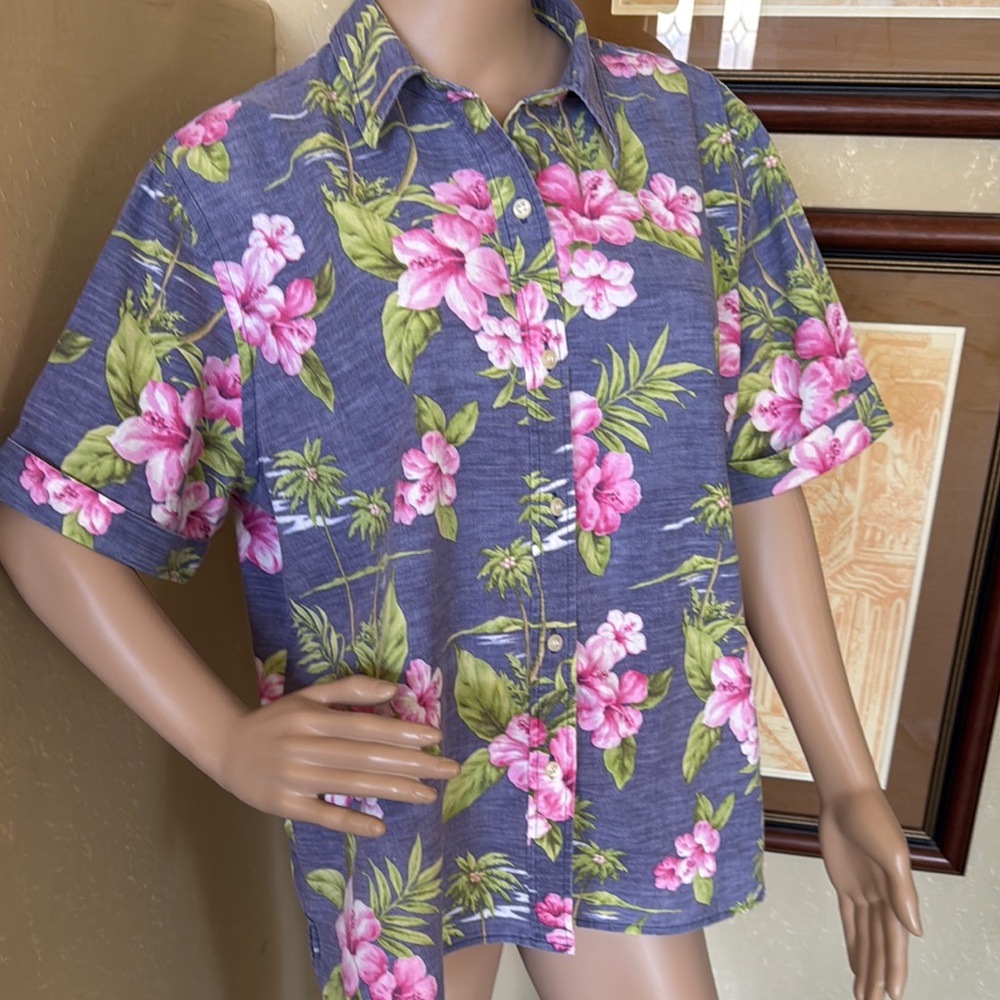 Jones New York Blue Floral Button-Down Shirt with Pink Flowers